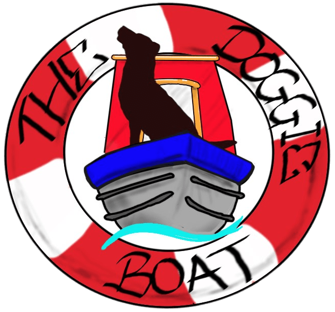 The Doggie Boat logo. A Black Labrador standing on the bow of a blue and red narrow boat, inside a life ring the "The Doggie Boat" written on it.