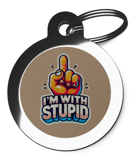 Please follow and like us: I'm with Stupid CO15 Comic Dog ID Tag