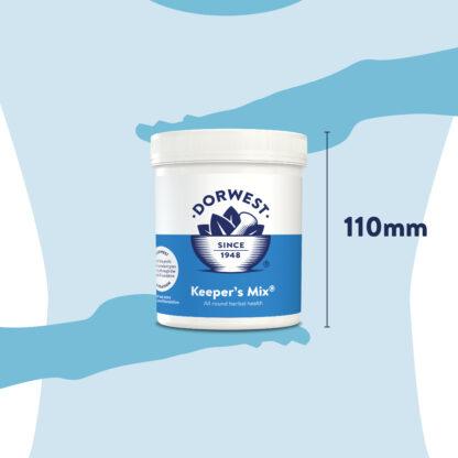 Dorwest Keepers Mix 250g showing height measurement of tub is 110mm
