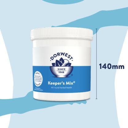 Dorwest Keepers Mix 500g showing height measurement of tub is 140mm.