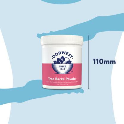 Dorwest Tree Barks Powder: 100g, showing tub height of 110mm.