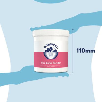 Dorwest Tree Barks Powder: 200g, showing tub height of 110mm.