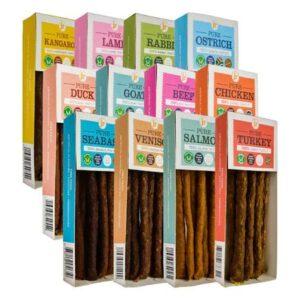 The full range of 12 varieties of JR Pet Products Meat Sticks.
