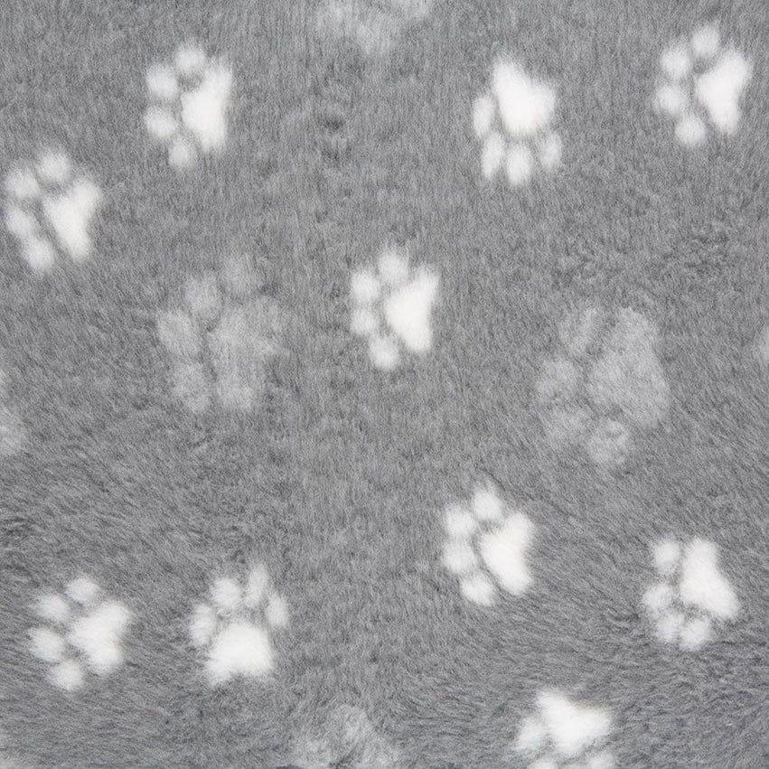 ProFleece Non-Slip Paw Print Vet Bedding: Grey Fleece with White Paw Prints.