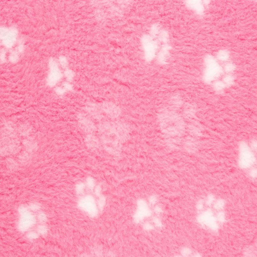 ProFleece Non-Slip Paw Print Vet Bedding: Pink Fleece with White Paw Prints.