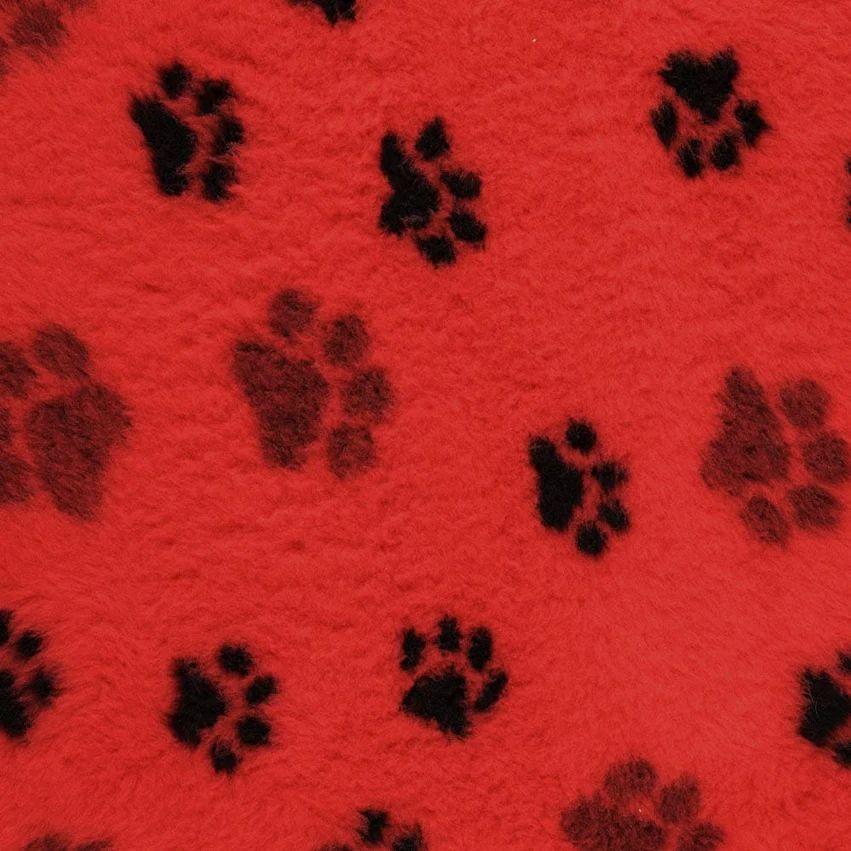 ProFleece Non-Slip Paw Print Vet Bedding: Red Fleece with Black Paw Prints.