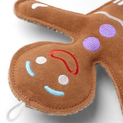0703625146060 Jean Genie the Gingerbread Person Eco Dog Toy close up of head