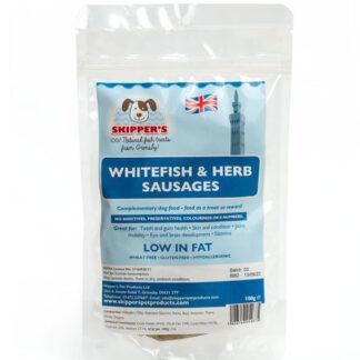 7426754254675 - Skippers Whitefish and Herb Sausages 100g showing pack.