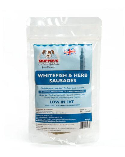 7426754254675 - Skippers Whitefish and Herb Sausages 100g showing pack.