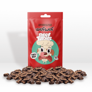 5060849871006 - WufWuf Beef Titbits 100g Made in Yorkshire, these tasty Beef treats make a great snack and reward when training your pup.