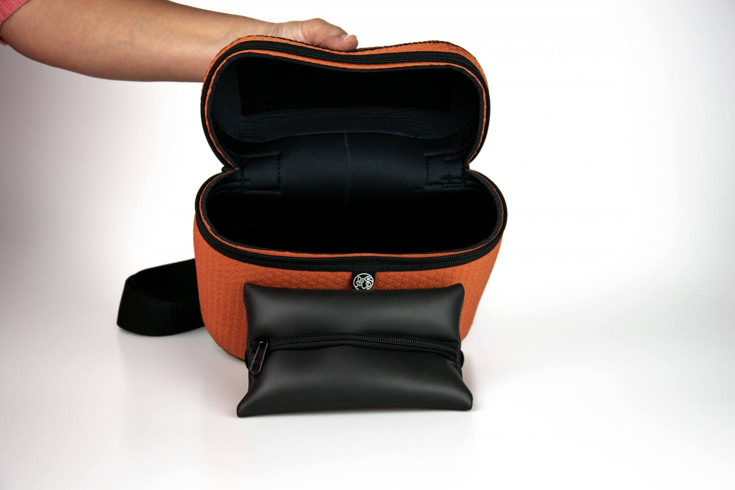 Hugo Orange Dot Bag shown open with interior pocket removed