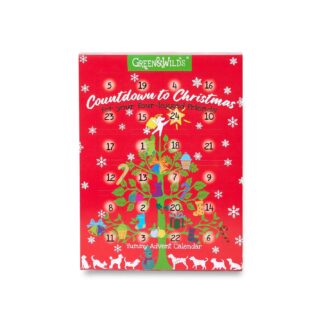 The Green and Wild's Advent Calendar. Bright red, with a decorated green Christmas tree and snowflakes. There are 24 windows to open.
