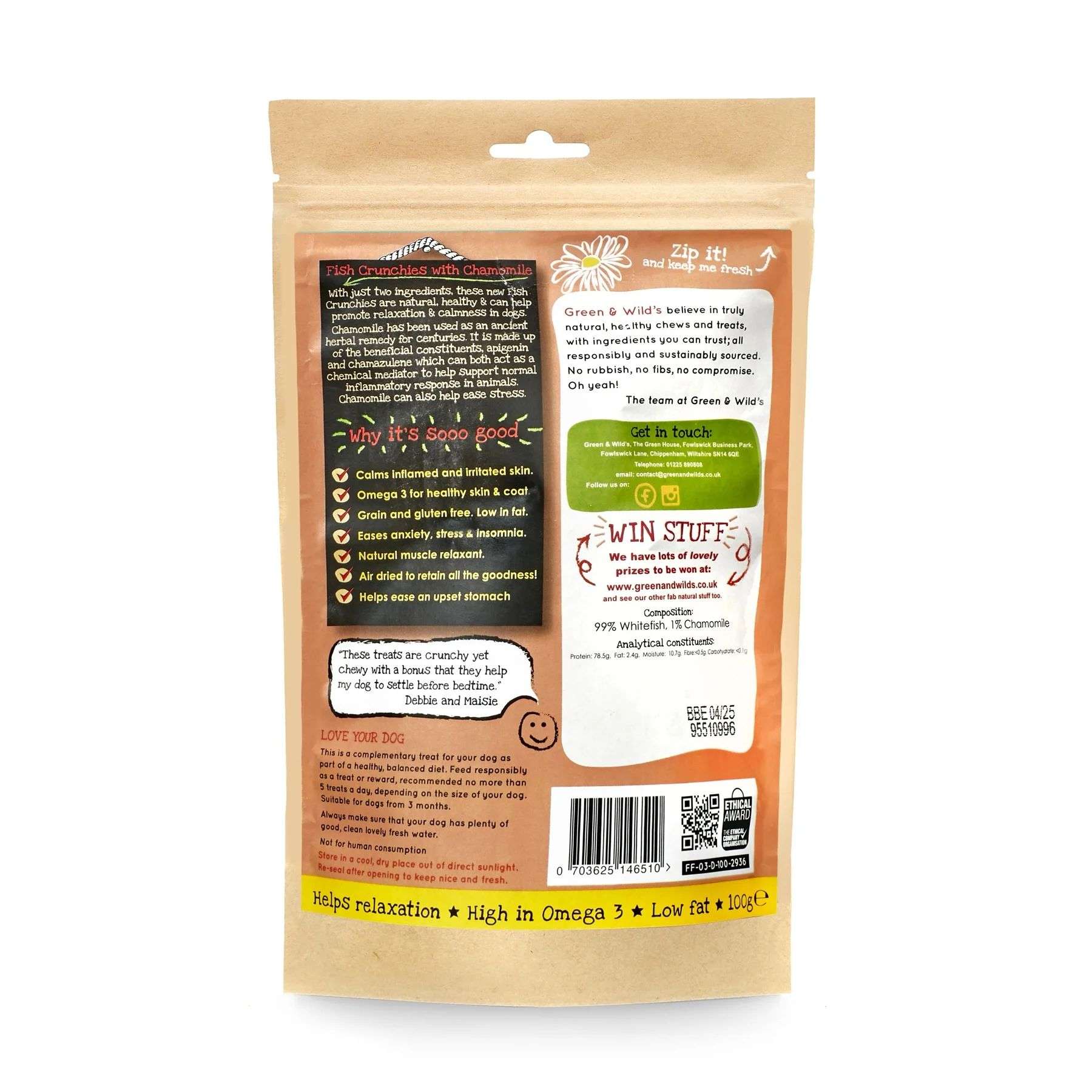 703625146510 Green & Wild's Fish Crunchies with Camomile 100g (back of pack)