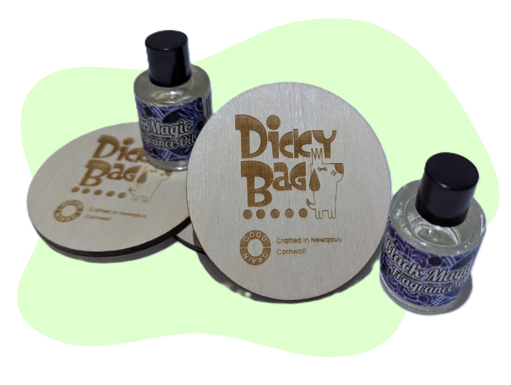 Wooden Reusable Bag Freshener with 2 x Black Magic Essential Oil bottles