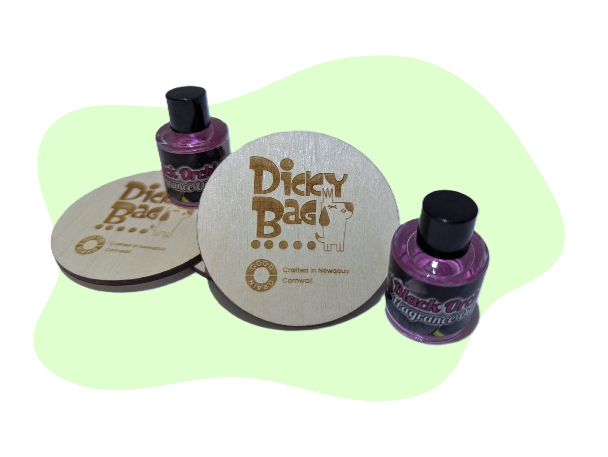 Wooden Reusable Bag Freshener with 2 x Black Orchid Essential Oil bottles